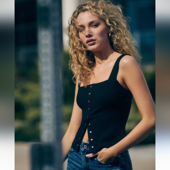 Dynamite | Black Ribbed Sleeveless 1/2 Button Tank Top | Size Small - Picture 8 of 8